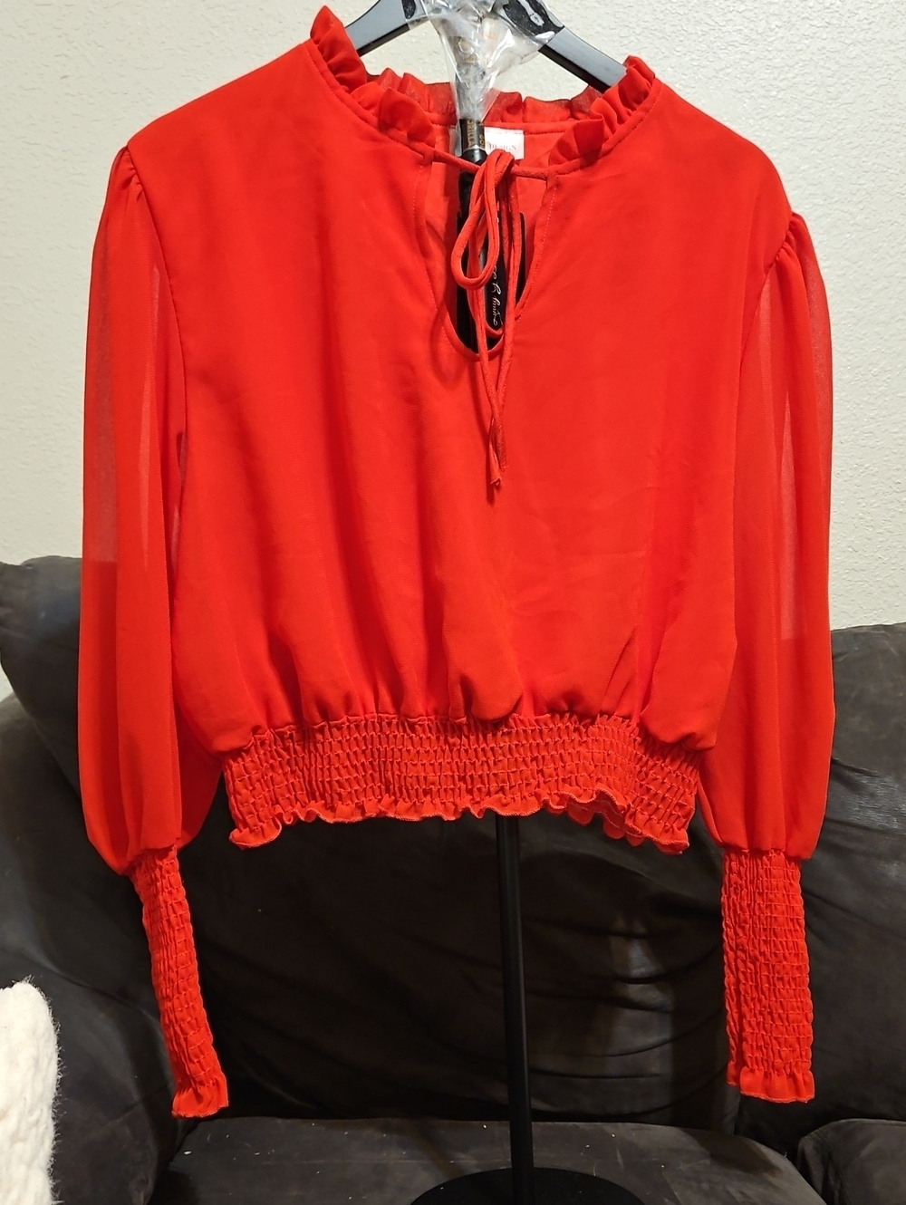 Smocked-Waist Red Long-Sleeve Blouse with Tie Neck